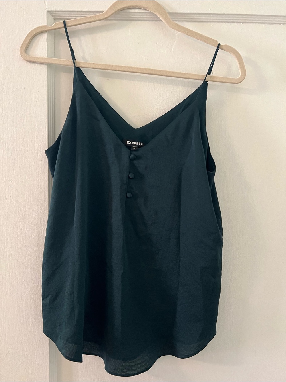 Express Dark Green V-Neck Satin Cami with Front Covered Buttons
